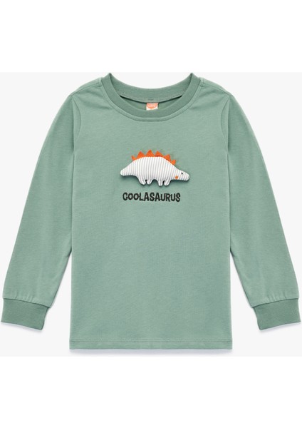 Uzun Kollu Bisiklet Yaka Dinozor Aplikeli Pamuklu Tişört