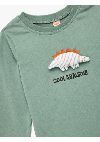 Uzun Kollu Bisiklet Yaka Dinozor Aplikeli Pamuklu Tişört modelleri