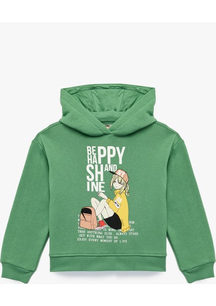 Şardonlu Uzun Kollu Kapşonlu Baskılı Sweatshirt