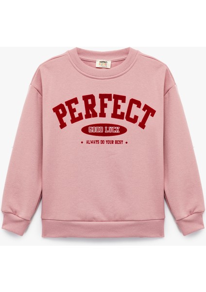 Pamuklu Şardonlu Uzun Kollu Bisiklet Yaka Baskılı Sweatshirt