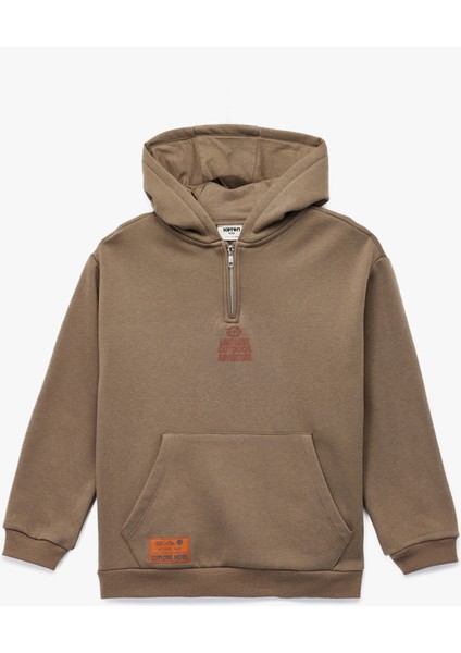 Uzun Kollu Fermuar Detaylı Kapşonlu Sweatshirt