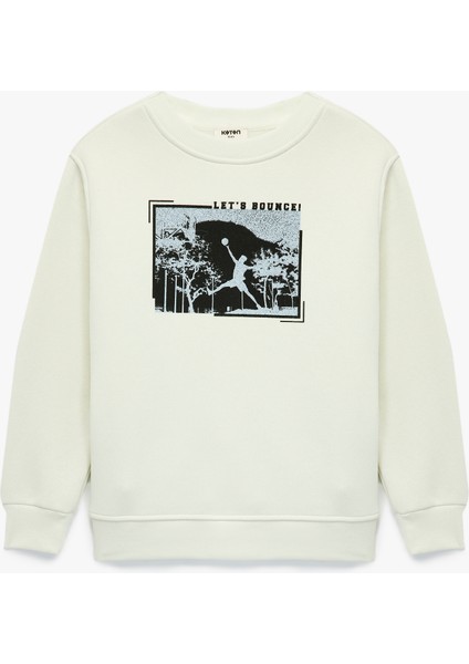 Şardonlu Uzun Kollu Bisiklet Yaka Baskılı Sweatshirt