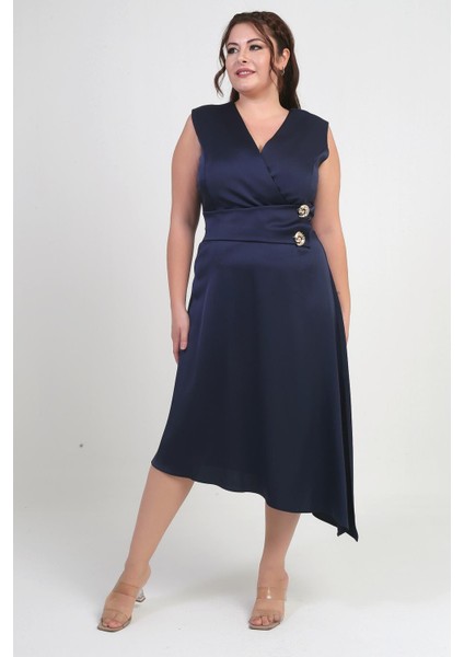 Kadın Kruvaze Yaka Düğme Detaylı Asimetrik Büyük Beden Krep Saten Elbise fiyatları