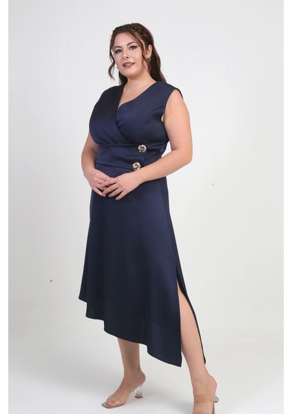 Kadın Kruvaze Yaka Düğme Detaylı Asimetrik Büyük Beden Krep Saten Elbise modelleri