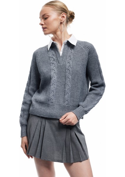 Uzun Kollu Gömlek Yaka Saç Örgü Dokulu Triko Kazak fiyatları