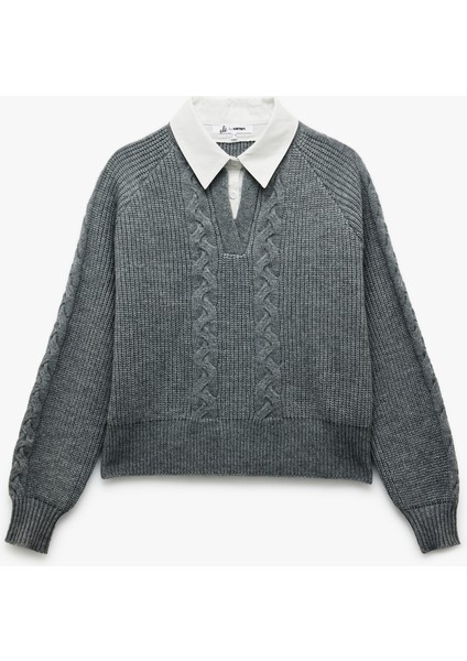 Uzun Kollu Gömlek Yaka Saç Örgü Dokulu Triko Kazak modelleri