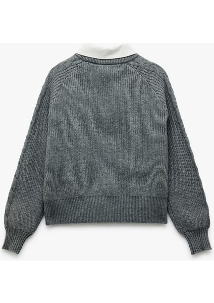 Uzun Kollu Gömlek Yaka Saç Örgü Dokulu Triko Kazak fırsatları