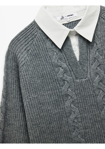 Uzun Kollu Gömlek Yaka Saç Örgü Dokulu Triko Kazak indirimleri