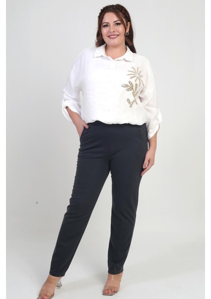 Kadın Beli Lastikli Yandan Cepli Full Likra Çelik Klasik Paça Büyük Beden Pantolon