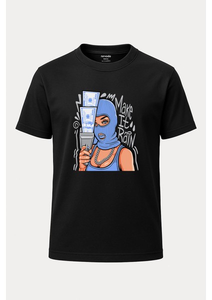 Gangster Maskeli Kadın Baskılı Loose Fit Bisiklet Yaka Unisex Tişört