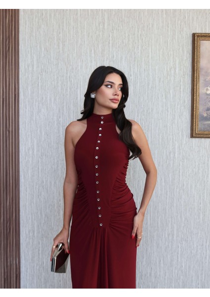 Yan Büzgü Düğme Detaylı Uzun Elbise fiyatları