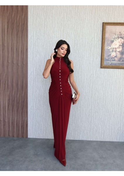 Yan Büzgü Düğme Detaylı Uzun Elbise fırsatları