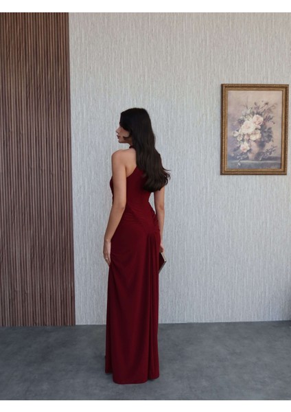 Yan Büzgü Düğme Detaylı Uzun Elbise indirimleri