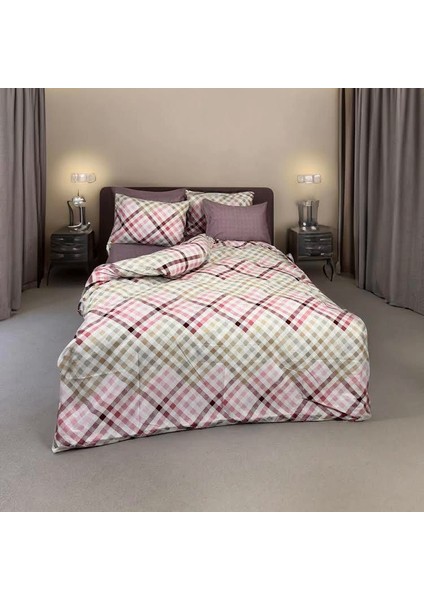 Kırmızı, Kahverengi ve Pembe Tonlarında Ekose Desenli Nevresim Takımı – Çift Kişilik, %100 Pamuk, Yumuşak Dokulu
