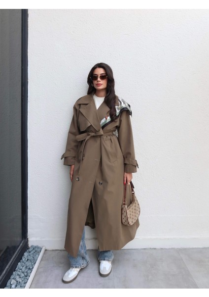 Kruvaze Yaka Kemerli Uzun Trench