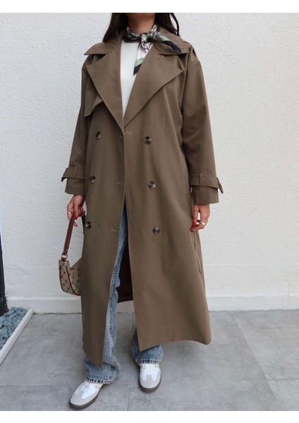 Kruvaze Yaka Kemerli Uzun Trench modelleri