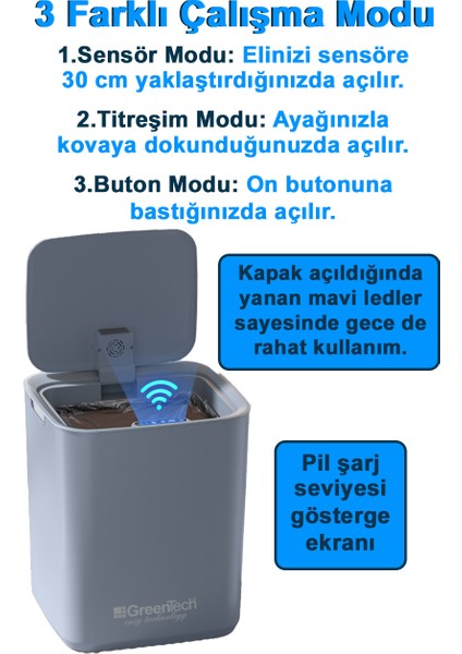 Sensörlü Şarjlı 22 Litre Çöp Kovası (Şarj Edilebilir Lityum Pilli) / GT-SC05B