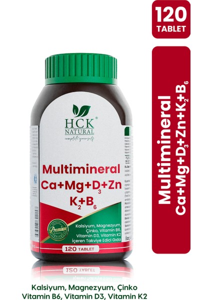 Multimineral 120 Tablet Kalsiyum Magnezyum Çinko Vitamin B6-D3-K2 Takviye Edici Gıda