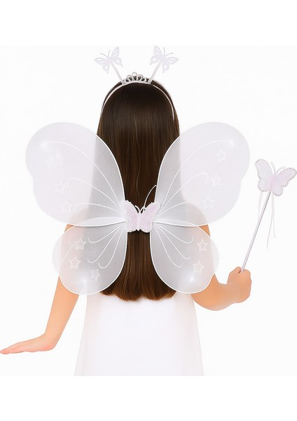 Beyaz Kelebek Kız Seti – 50 cm Kelebek Kanadı, Taç ve Asa