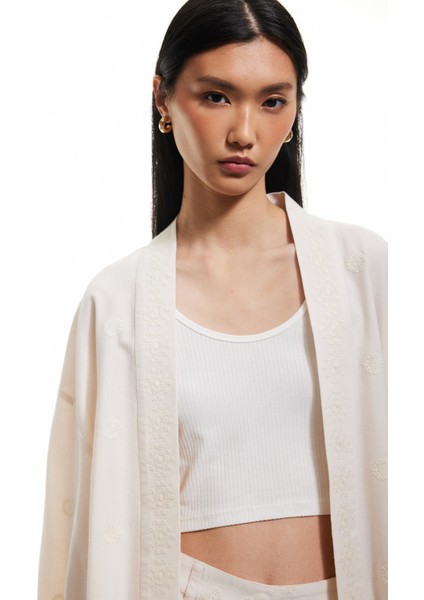 Pamuk-Viskon Karışımlı Nakış Detaylı Brodeli 3/4 Geniş Kol Uzun Kimono