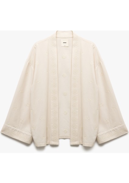 Pamuk-Viskon Karışımlı Nakış Detaylı Brodeli 3/4 Geniş Kol Uzun Kimono modelleri