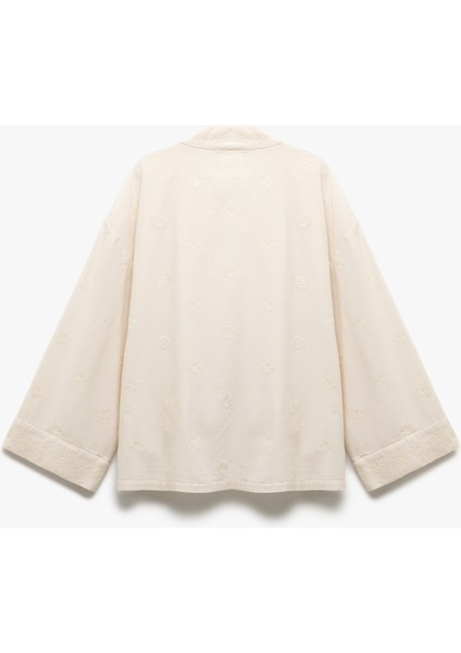 Pamuk-Viskon Karışımlı Nakış Detaylı Brodeli 3/4 Geniş Kol Uzun Kimono fırsatları