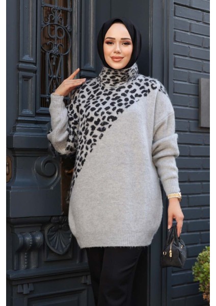 Desenli Gri Tesettür Triko Kazak Tunik 8818GR