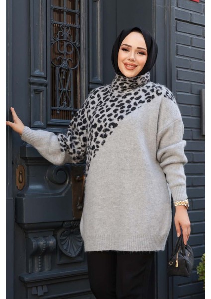 Desenli Gri Tesettür Triko Kazak Tunik 8818GR fiyatları