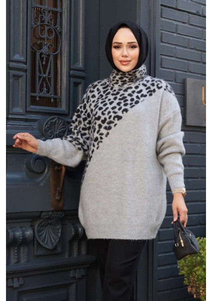 Desenli Gri Tesettür Triko Kazak Tunik 8818GR modelleri