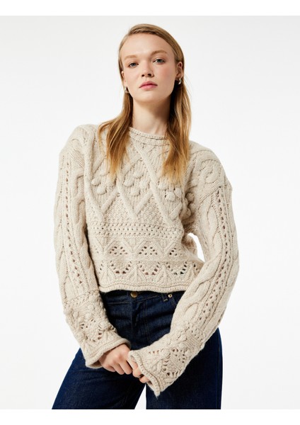 Bisiklet Yaka Uzun Kollu Örgü Dokulu Triko Crop Kazak