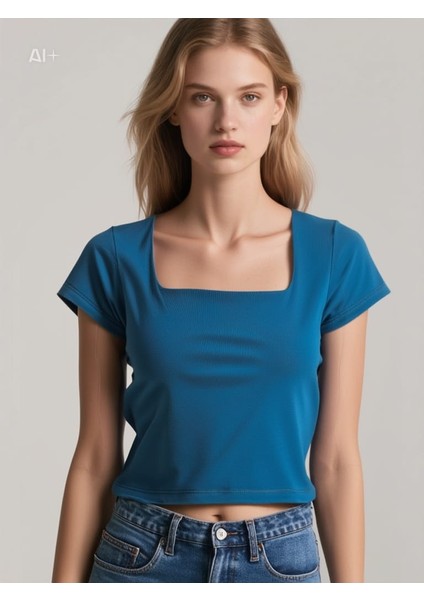 Kadın Kare Yaka Crop Bluz