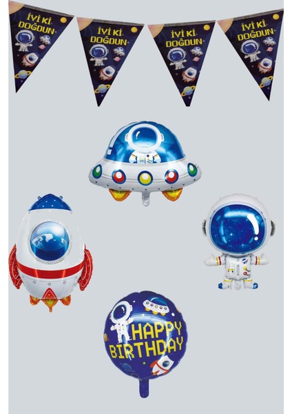 Uzay Temalı 4lü Balon ve Flama Seti