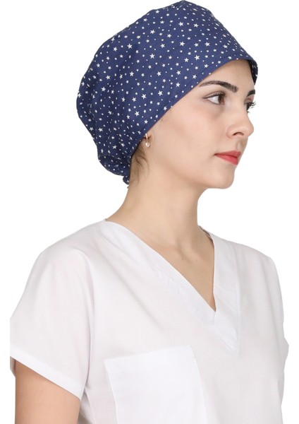 Mavi Mini Yıldız Desenli Doktor Hemşire Aşçı Bonesi Unisex Cerrahi Bone