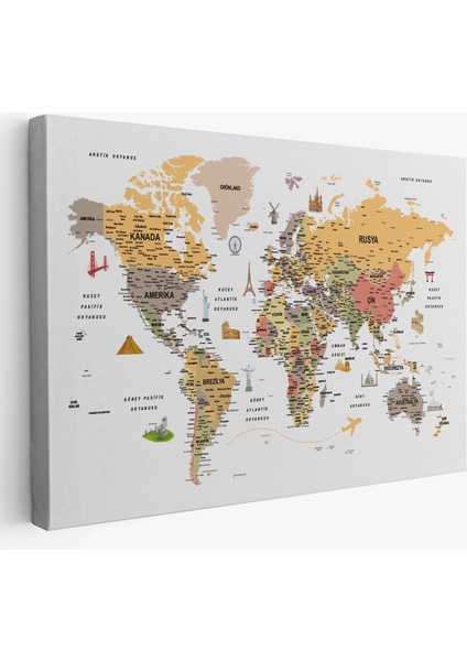 Türkçe Dünya Haritası Ayrıntılı Eğitici-Öğretici ve Sembollü Dekoratif Kanvas Tablo 3200