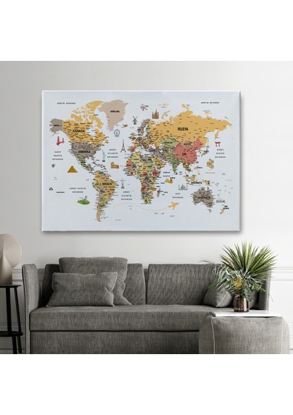Türkçe Dünya Haritası Ayrıntılı Eğitici-Öğretici ve Sembollü Dekoratif Kanvas Tablo 3200 fiyatları