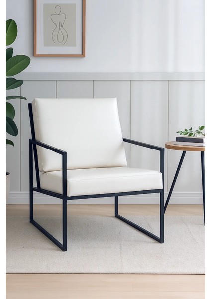 - Iskandinav Tekli Koltuk Modern Berjer - Deri Kumaş - Metal Iskelet - Krem