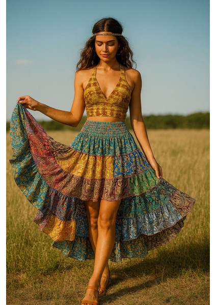 Ipek Patchwork Boho Fırfırlı Asimetrik Etek