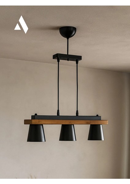 Nordex 3’lü Ahşap Sarkıt Avize – Siyah Metal Gövde, Gümüş Başlık Içi, Ayarlanabilir Aydınlatma