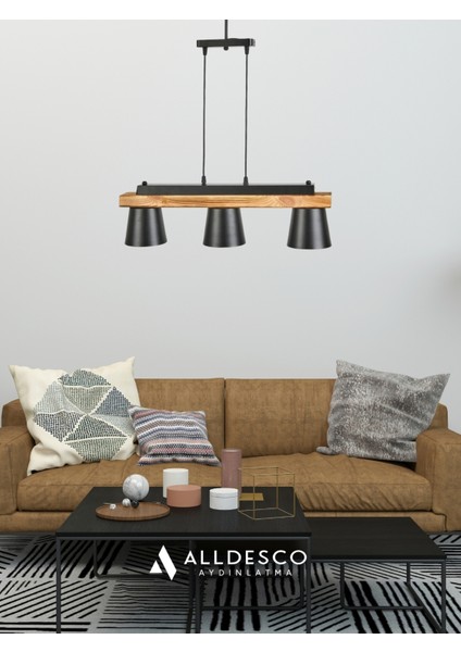 Nordex 3’lü Ahşap Sarkıt Avize – Siyah Metal Gövde, Gümüş Başlık Içi, Ayarlanabilir Aydınlatma