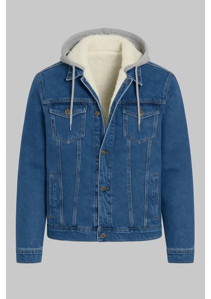 Erkek Kürklü Oversize Mavi Kapşonlu Kot Mont fiyatları