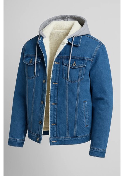 Erkek Kürklü Oversize Mavi Kapşonlu Kot Mont modelleri