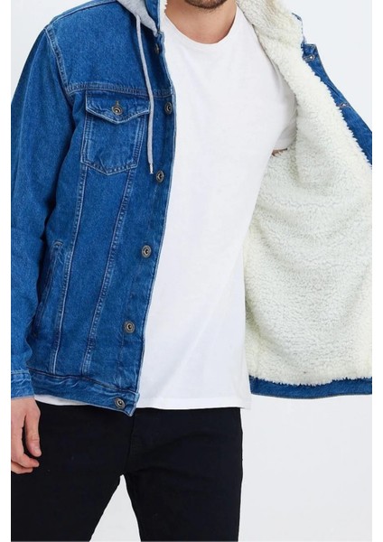 Erkek Kürklü Oversize Mavi Kapşonlu Kot Mont