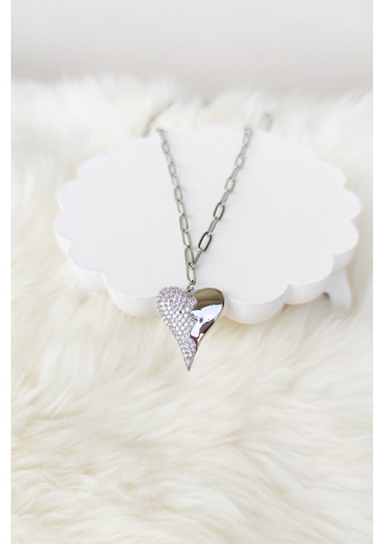 Yarı Zirkon Taş Detaylı Kalp Model Uzun Çelik Kolye 60 cm Gümüş fiyatları