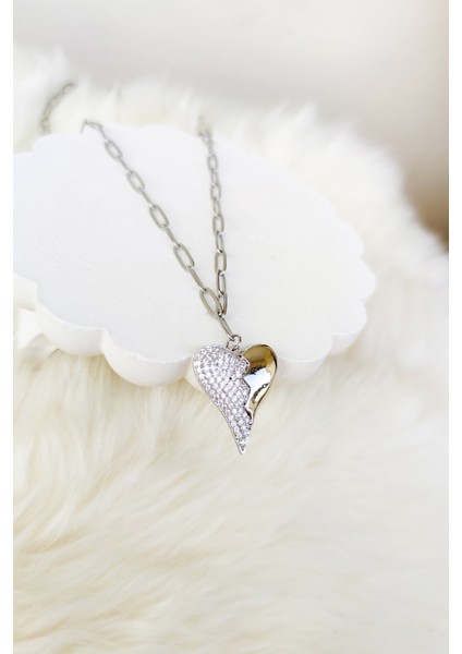 Yarı Zirkon Taş Detaylı Kalp Model Uzun Çelik Kolye 60 cm Gümüş modelleri