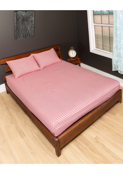 Kırmzı Çizgili Çift Kişilik Lastikli Çarşaf