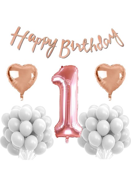 Rose Gold Konsept 1 Yaş Doğum Günü Kutlama Seti; Beyaz Pastel Balon, Rakam Kalp Folyo ve Banner