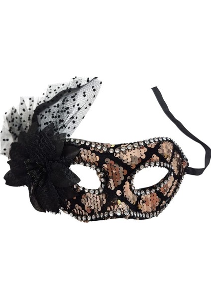 Siyah Güllü Altın Pullu Wedding Arkadan Bağlamalı Balo Maskesi 1 Adet Bride Hallow