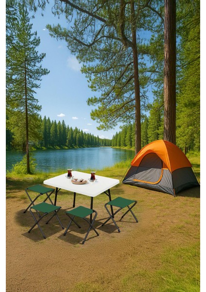 45X60 cm Kamp Sehpası + 4 Adet Yeşil Tabure Piknik, Bahçe Balkon Sehpası Katlanır Sehpa-B-4y