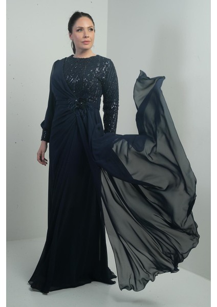 Kadın Üstü Pul-Boncuk Işlemeli Astarlı Beli Çiçekli Büyük Beden Uzun Şifon Elbise