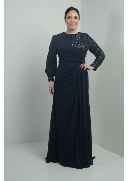 Kadın Üstü Pul-Boncuk Işlemeli Astarlı Beli Çiçekli Büyük Beden Uzun Şifon Elbise fiyatları